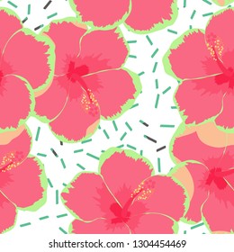 Exotic seamless pattern with tropical flowers. Hibiscus flower. Floral background with exotic flowers.