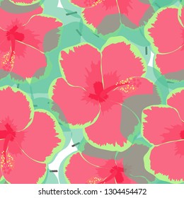 Exotic seamless pattern with tropical flowers. Hibiscus flower. Floral background with exotic flowers.