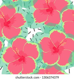 Exotic seamless pattern with tropical flowers. Hibiscus flower. Floral background with exotic flowers.