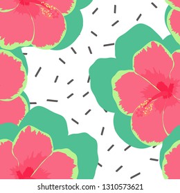 Exotic seamless pattern with tropical flowers. Hibiscus flower. Floral background with exotic flowers.