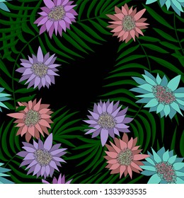 Exotic seamless pattern with tropical flowers and leaves. Banana leaves and flower. Floral background with exotic leaves and flowers