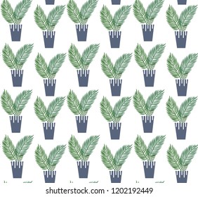 Exotic seamless pattern tropical houseplant in a flower pot. Flat colorful vector illustration.