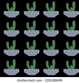 Exotic seamless pattern tropical houseplant in a flower pot on black background. Flat vector illustration.