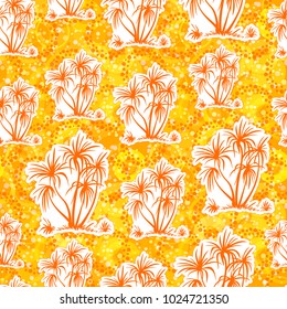 Exotic Seamless Pattern, Tropical Landscape, Palms Trees Orange Silhouettes on Abstract Tile Background. Vector