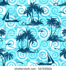 Exotic Seamless Pattern, Tropical Landscape, Palms Trees, Ships Sailing and Birds Seagulls Silhouettes on Abstract Tile Background with Spirals and Lines. Eps10, Contains Transparencies. Vector