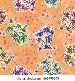 Exotic Seamless Pattern, Tropical Landscape, Palms Trees Colorful Silhouettes on Abstract Tile Background. Vector