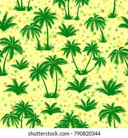 Exotic Seamless Pattern, Tropical Landscape, Palms Trees Green Silhouettes on Abstract Tile Background. Vector