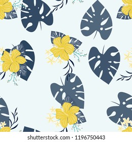 Exotic seamless pattern with tropical leaves and hibiscus. Summer background with plants and flowers.