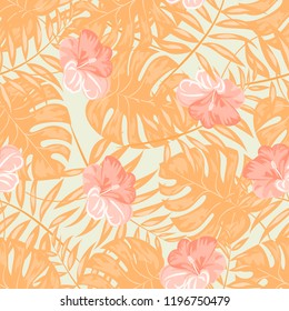Exotic seamless pattern with tropical leaves and hibiscus. Summer background with plants and flowers.