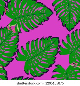 Exotic seamless pattern with tropical leaves of monstera. Hawaiian plants. Botanical background for covers, wallpaper and fabric.