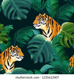 Exotic seamless pattern. Tropical leaves and tiger. Vector illustration