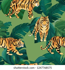 Exotic seamless pattern. Tropical leaves and tiger. Vector illustration