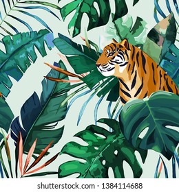 Exotic seamless pattern. Tropical leaves and tiger. Vector illustration