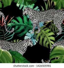 Exotic seamless pattern. Tropical leaves and leopard. Vector illustration