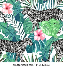 Exotic seamless pattern. Tropical leaves and leopard. Vector illustration