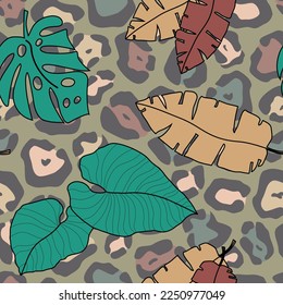 Patrón exótico sin costuras con hojas tropicales en el fondo imitando piel de leopardo. Impresión moderna de estilo africano y asiático. Para tela, decoración casera, papel pintado, cubierta, papel de regalo. Vector.