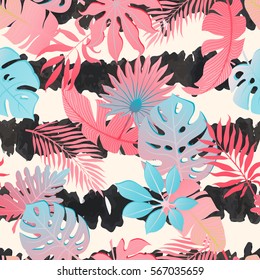 Exotic seamless pattern with tropical leaves and flowers on black and white striped background. Vector botanical print. Vector Hand drawn, fabric, wallpaper, print design.