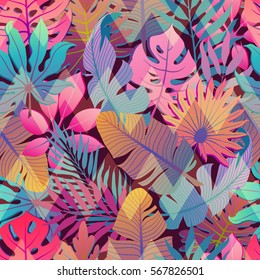 Exotic seamless pattern with tropical leaves and flowers on black and white Zigzag background. Vector botanical print.