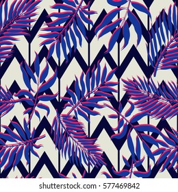 Exotic seamless pattern with tropical leaves on abstract geometric background. Vector botanical print.