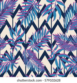 Exotic seamless pattern with tropical leaves on abstract geometric background. Vector botanical print.