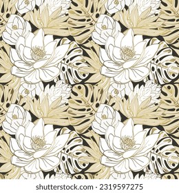 Exotische nahtlose Muster tropischer Lotusblumen und -pflanzen. Goldumrisse von Blumen auf dunklem Hintergrund. Nahtlose Pflanzenmuster für Gewebe, Papier und Hintergründe.