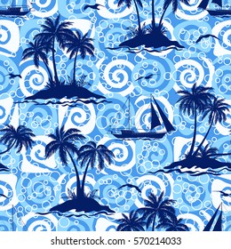 Exotic Seamless Pattern, Tropical Ocean Landscape, Islands with Palms Trees, Ships Sailing and Birds Seagulls Silhouettes on Abstract Tile Background with Spirals and Rings. Eps10 Vector
