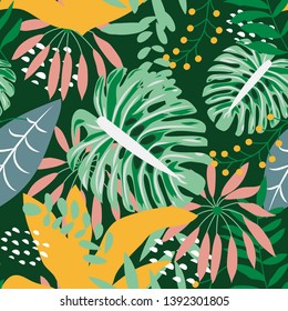 Exotic seamless pattern with tropical plants on green background. Vector design. Flat jungle print. Floral background.