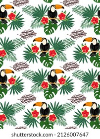 Exotic seamless print for fabric with toucans, hibiscus flowers and palm leaves on a white background in vector.