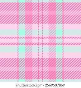 Exotic seamless tartan fabric, day textile vector background. Cell texture plaid check pattern in pink and light colors.