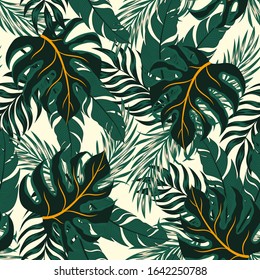 Exotic seamless tropical pattern with bright plants and leaves on a pastel background. Jungle leaf seamless vector floral pattern background. Trendy summer Hawaii print.