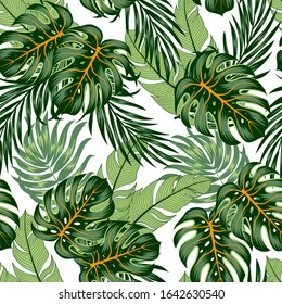 Exotic seamless tropical pattern with bright plants and leaves on a light background. Seamless exotic pattern with tropical plants. 
Hawaiian style. Tropic leaves in bright colors.