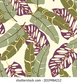 Exotic seamless tropical pattern with bright plants and leaves on a beige background. Seamless pattern with colorful leaves and plants. Trendy summer Hawaii print.