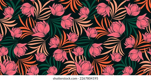 Exotic seamless tropical pattern with bright plants and flowers on a black background. Trendy summer Hawaii print. Seamless exotic pattern with tropical plants. Hawaiian style.