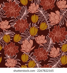 Exotic seamless tropical pattern with bright plants and flowers on a white background. Tropical botanical. Vector design. Jungle print. Floral background.  Printing and textiles. 