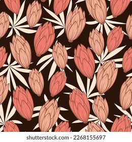 Exotisches, nahtloses tropisches Muster mit hellen Pflanzen und Blumen auf dunklem Hintergrund. Hawaiianischer Stil. Nahtlose Muster mit bunten Blättern und Pflanzen. Trendsommer Hawaii Druck.
