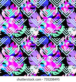 Exotic seamless tropical pattern. Bright geometrical background.Hand drawn trendy repeating blotted background texture.