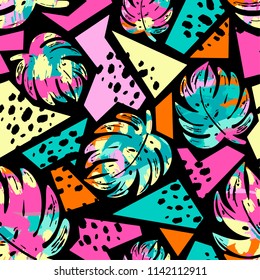Exotic seamless tropical pattern.Textile ink brush strokes design in doodle grunge texture style.Unique scrapes, watercolor blotted background for a logo, cards, invitations, posters, banners.