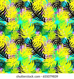 Exotic seamless tropical pattern.Textile ink brush strokes design in doodle grunge texture style.Unique scrapes, watercolor blotted background for a logo, cards, invitations, posters, banners.