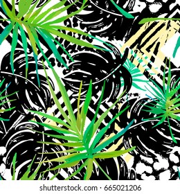 Exotic seamless tropical pattern.Textile ink brush strokes design in doodle grunge texture style.Unique scrapes, watercolor blotted background for a logo, cards, invitations, posters, banners.