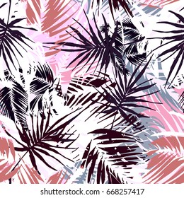 Exotic seamless tropical pattern.Textile ink brush strokes design in doodle grunge texture style.Unique scrapes, watercolor blotted background for a logo, cards, invitations, posters, banners.