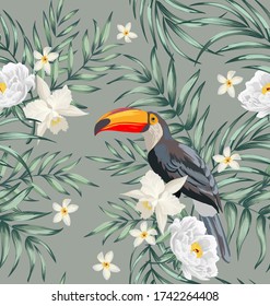 Exotic seamless vector pattern with birds, orchid and palm leaves. Tropical summer print.