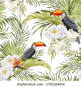 Exotic seamless vector pattern with birds, orchid and palm leaves. Tropical summer print.