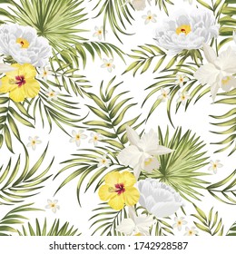 Exotic seamless vector pattern with birds, orchid and palm leaves. Tropical summer print.