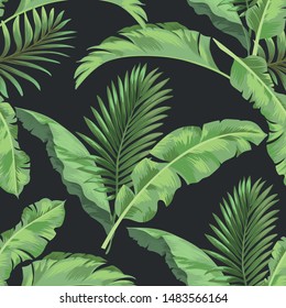 Exotic seamless vector pattern with palm and banana leaves. Vector summer background.