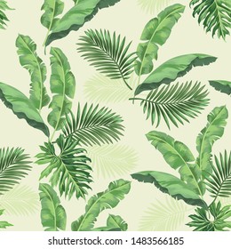 Exotic seamless vector pattern with palm and banana leaves. Vector summer background.