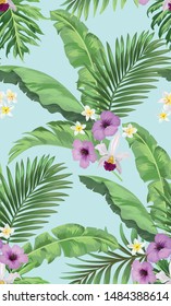 Exotic seamless vector pattern with palm and banana leaves. Vector summer background.