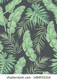 Exotic seamless vector pattern with palm and banana leaves. Vector summer background.