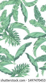 Exotic seamless vector pattern with palm and banana leaves. Vector summer background.