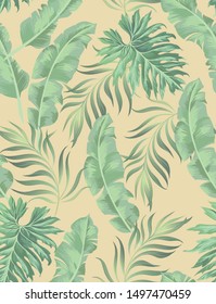 Exotic seamless vector pattern with palm and banana leaves. Vector summer background.