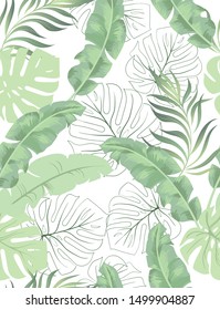 Exotic seamless vector pattern with palm and banana leaves. Vector summer background.